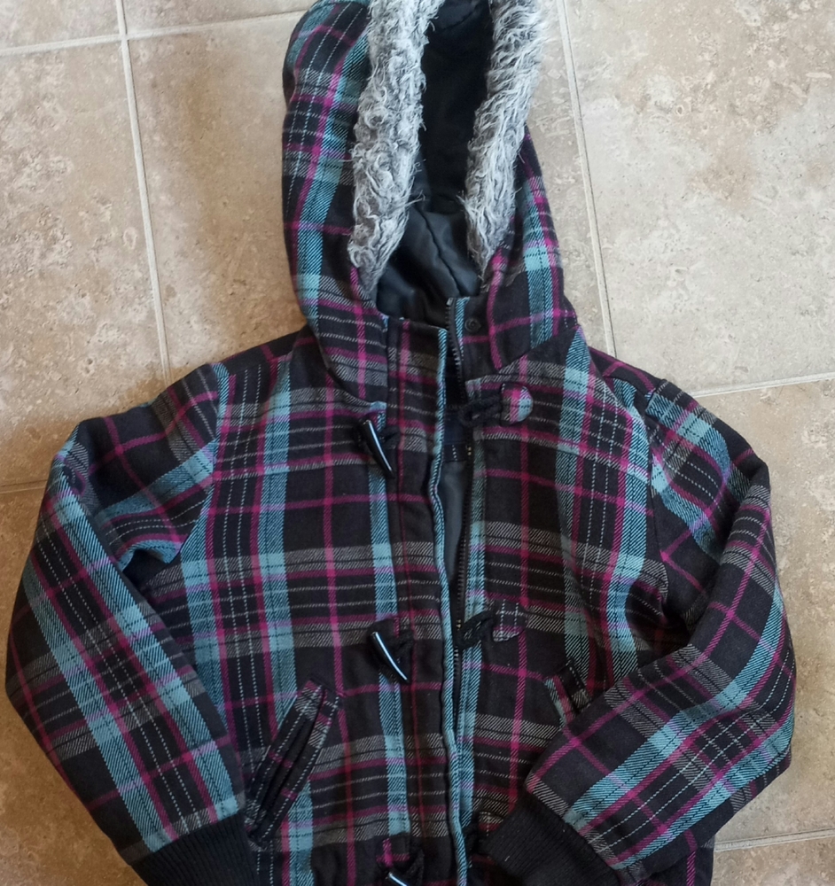 Girls Fur Lined Hooded Plaid Winter Coat Sz.M(7/8)